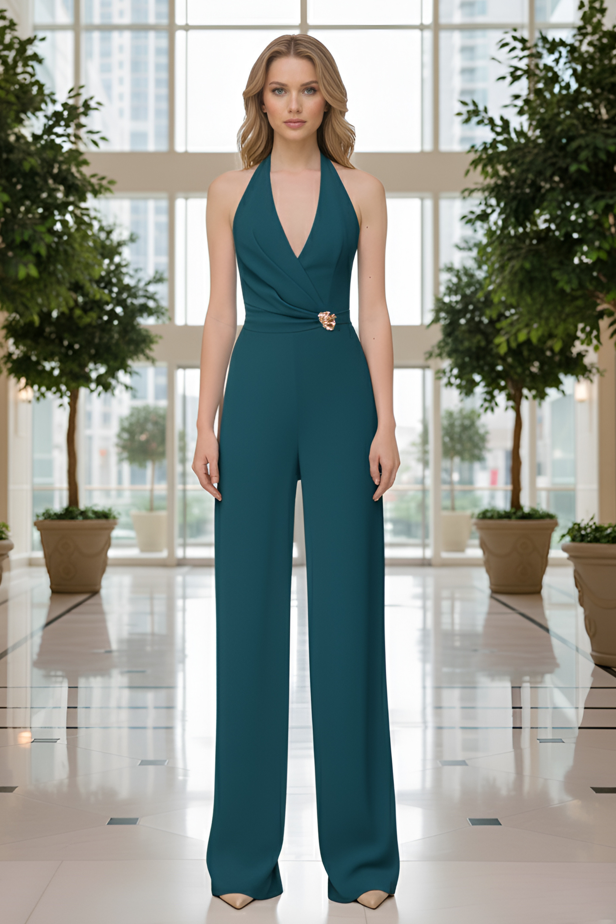 Teal Halter Jumpsuit – Gold Brooch